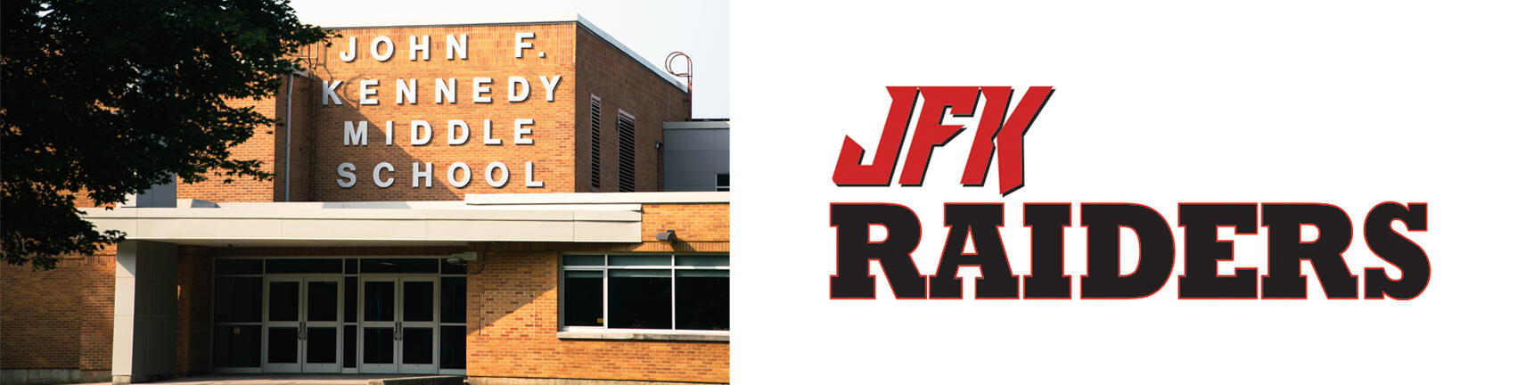 Hình ảnh tòa nhà của Trường JFK và Logo JFK Raiders